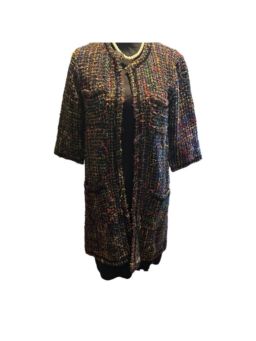 Ett Twa Anthropologie Berwyn Rainbow Tweed Jacket Open Cardigan Pockets